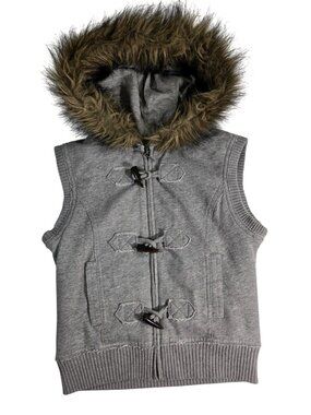 Y2K VTG Mudd Fur Trim Grey Hoodie Vest Toggle Indie Sleaze Mcbling Scene